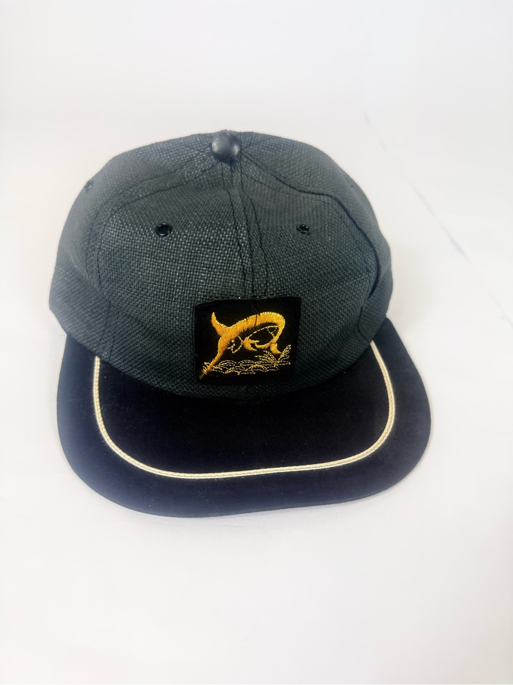 Vintage Classic 70s 80s Marlin Fishing 5 Panel Hat Cap Short Bill SnapBack Black